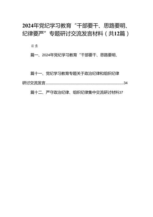 2024年党纪学习教育“干部要干、思路要明、纪律要严”专题研讨交流发言材料12篇（精选版）.docx