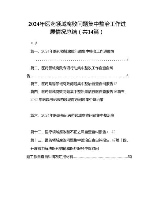 2024年医药领域腐败问题集中整治工作进展情况总结（共14篇）.docx