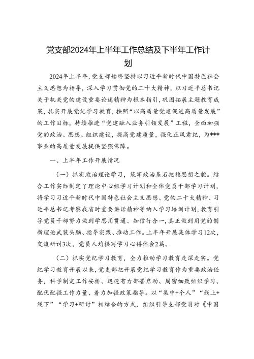 党支部2024年上半年工作总结及下半年工作计划.docx