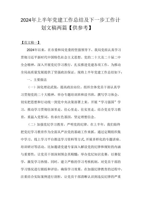 2024年上半年党建工作总结及下一步工作计划文稿两篇【供参考】.docx