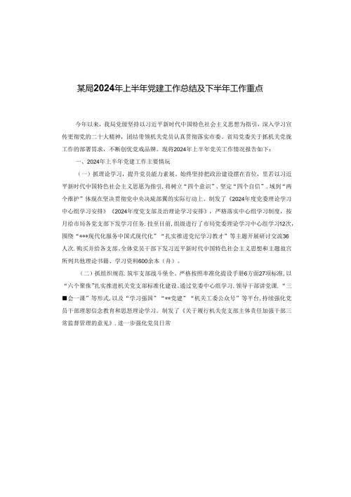 某局2024年上半年党建工作总结及下半年工作重点.docx