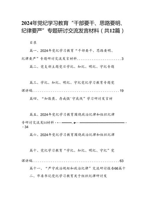 2024年党纪学习教育“干部要干、思路要明、纪律要严”专题研讨交流发言材料（共12篇）汇编.docx
