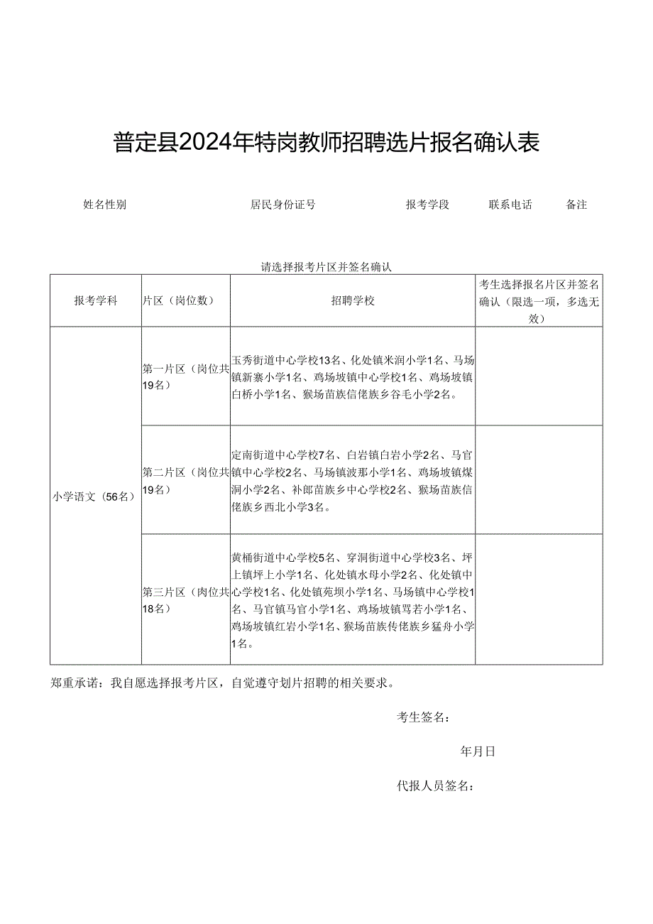 普定县2024年特岗教师招聘选片报名确认表.docx_第1页