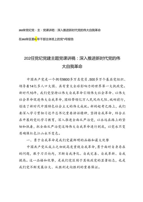 2024年党纪党建主题党课讲稿：深入推进新时代党的伟大自我革命+在2024年区委青年干部主体班上的党课辅导报告.docx