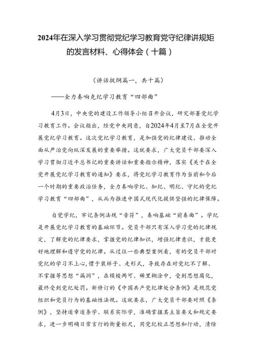 2024年在深入学习贯彻党纪学习教育党守纪律讲规矩的发言材料、心得体会（十篇）.docx