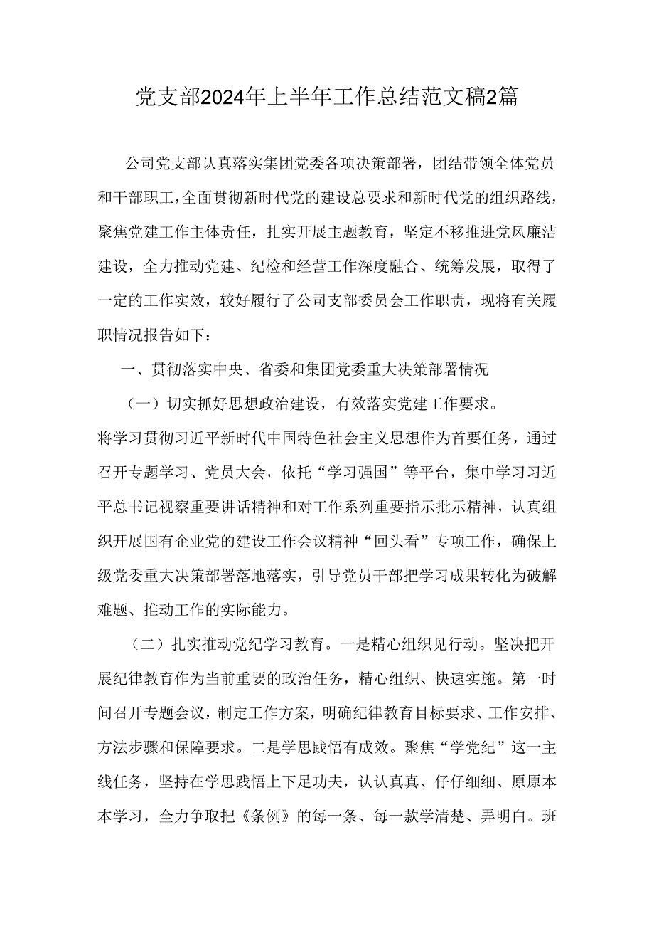 党支部2024年上半年工作总结范文稿2篇.docx_第1页