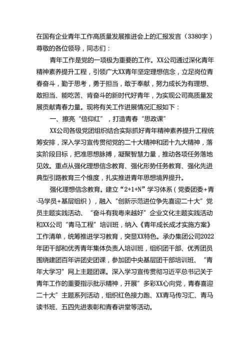 国企青年工作高质量发展推进会上的汇报发言（3380字）.docx
