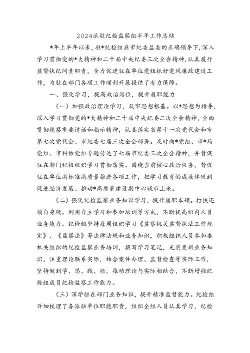 2024派驻纪检监察组半年工作总结.docx