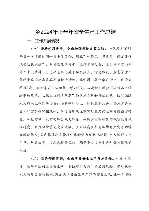 乡2024年上半年安全生产工作总结.docx