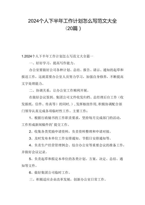 2024个人下半年工作计划怎么写范文大全（20篇）.docx