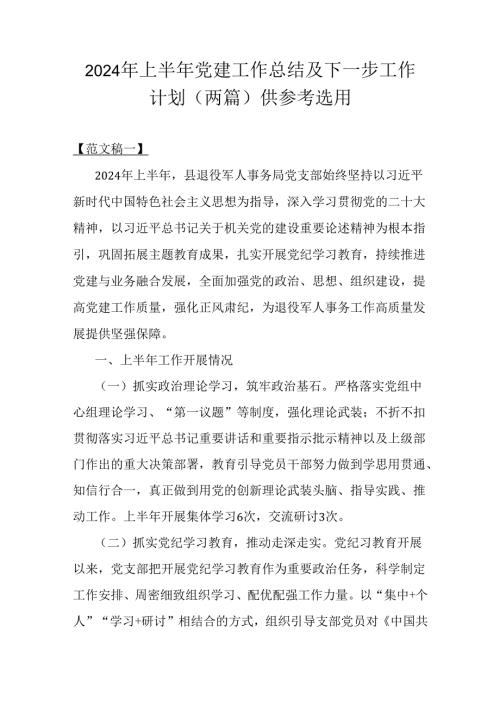 2024年上半年党建工作总结及下一步工作计划（两篇）供参考选用.docx