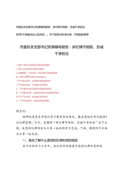 市直机关支部书记党课辅导报告、在青年干部座谈会上的讲话：青年干部要当好讲纪律、守规矩的表率、讲纪律守规矩、忠诚干净担当.docx