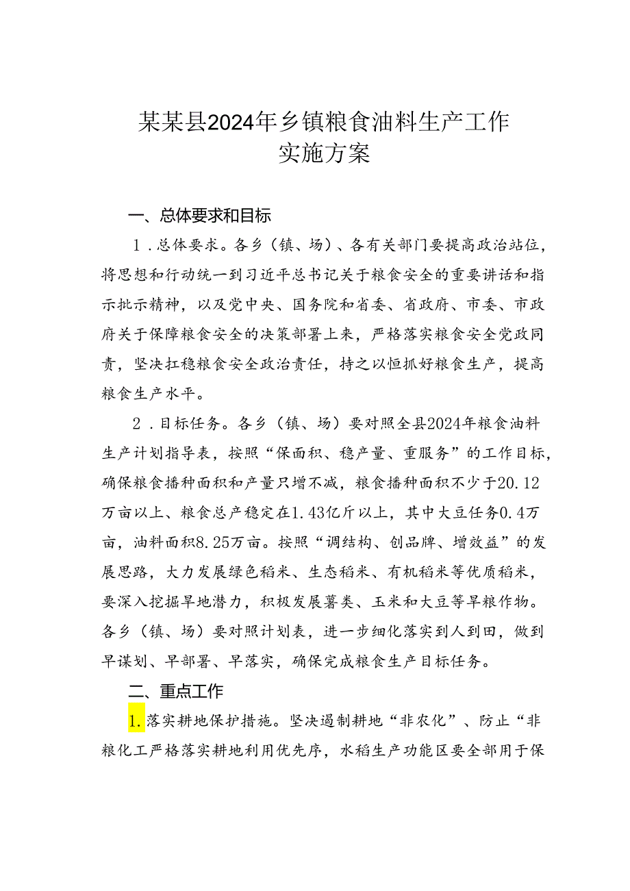 某某县2024年乡镇粮食油料生产工作实施方案.docx_第1页