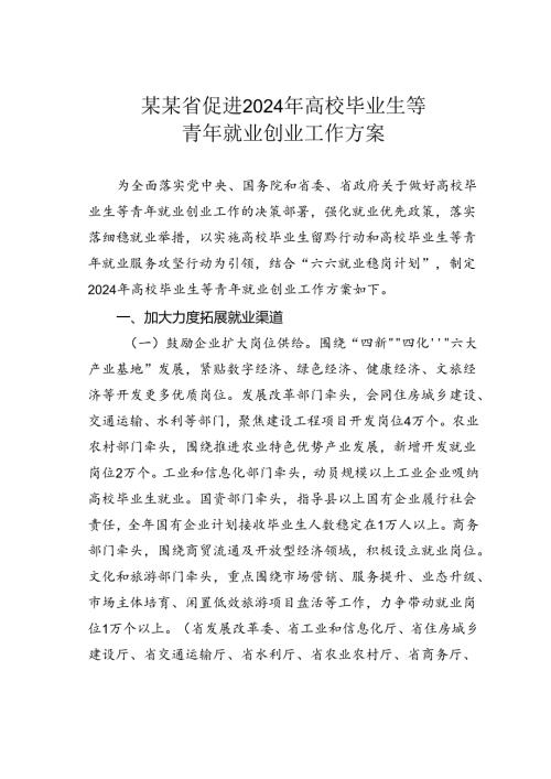 某某省促进2024年高校毕业生等青年就业创业工作方案.docx