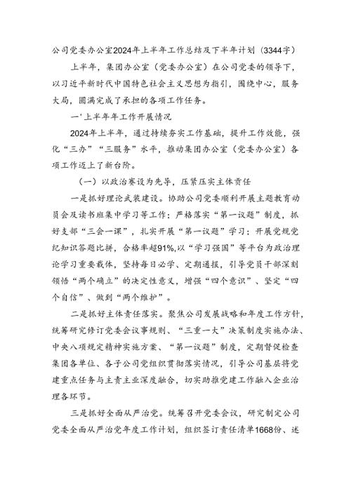 国企党委办公室2024年上半年工作总结及下半年计划（3344字）.docx