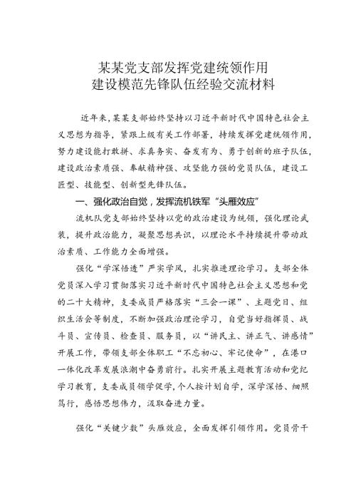 某某党支部发挥党建统领作用建设模范先锋队伍经验交流材料.docx