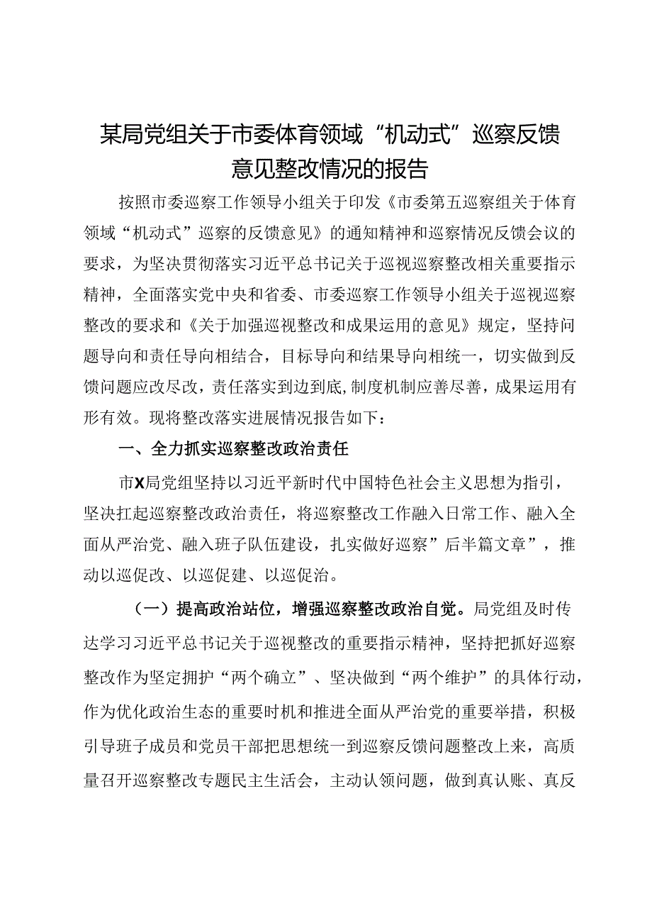 某局党组关于市委体育领域“机动式”巡察反馈意见整改情况的报告.docx_第1页