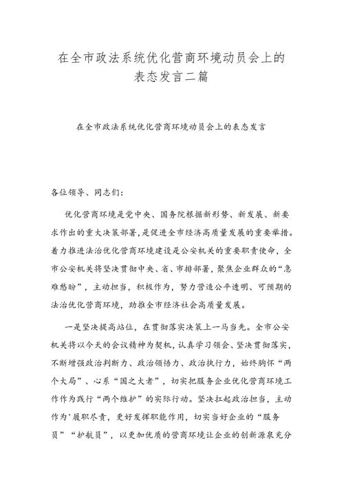 在全市政法系统优化营商环境动员会上的表态发言二篇.docx