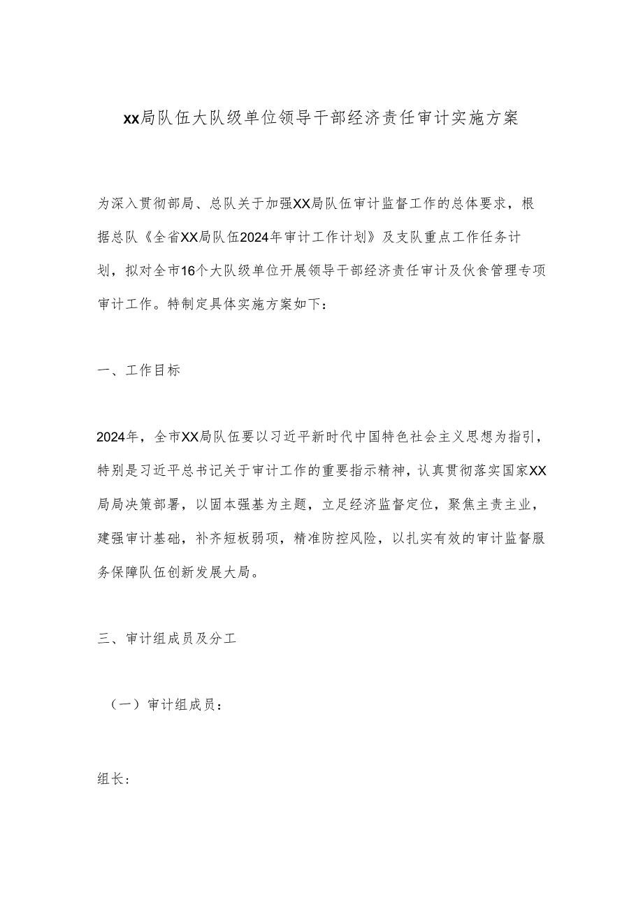 xx局队伍大队级单位领导干部经济责任审计实施方案.docx_第1页
