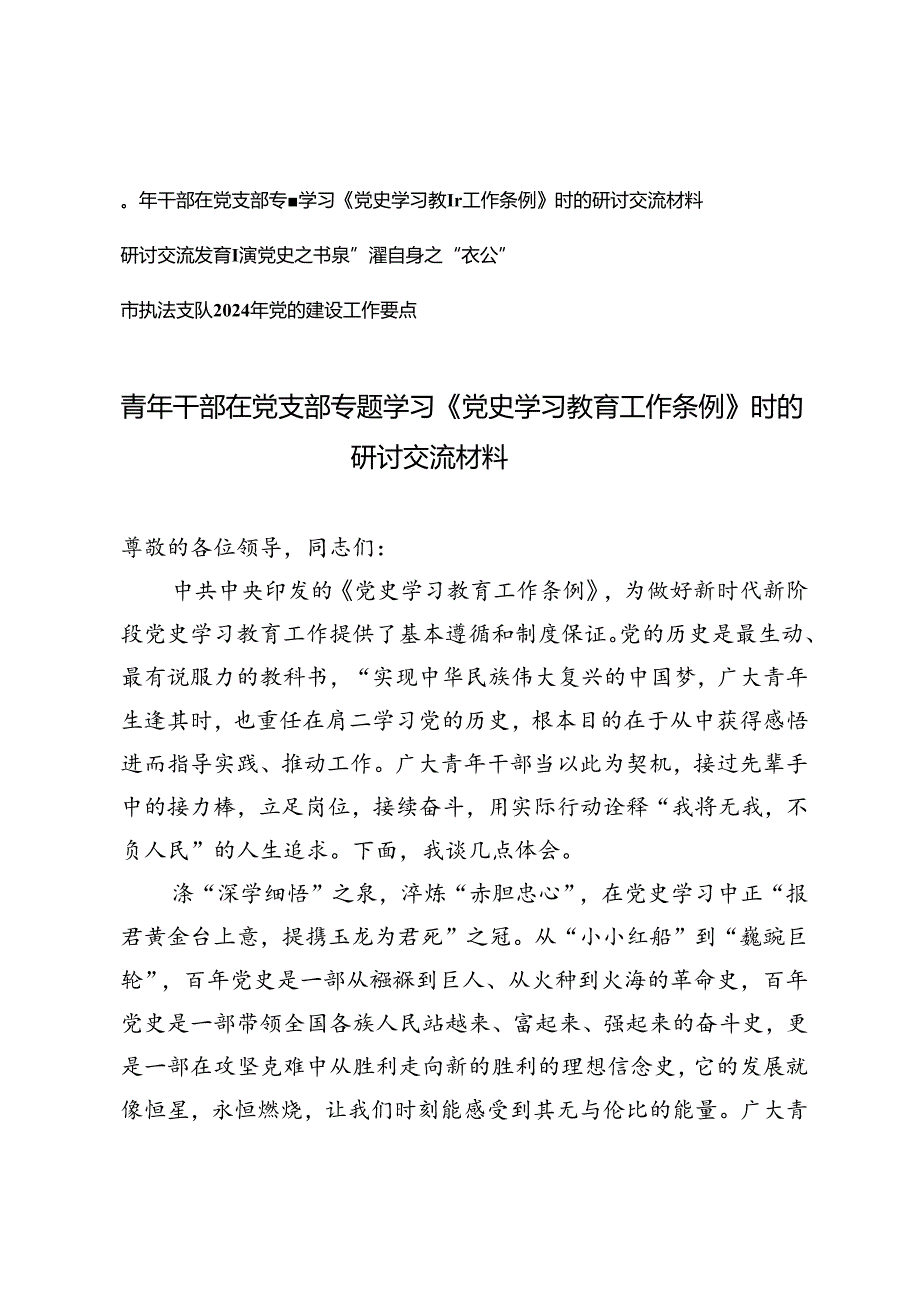 4篇 青年干部在党支部专题学习《党史学习教育工作条例》时的研讨交流材料+市执法支队2024年党的建设工作要点.docx_第1页