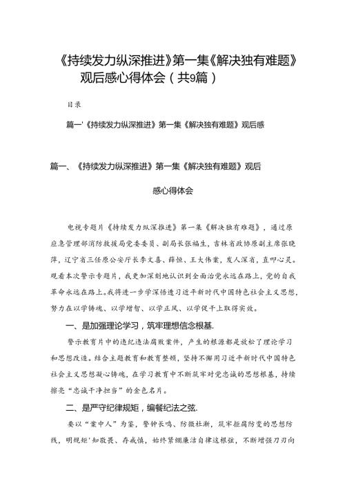 （9篇）《持续发力纵深推进》第一集《解决独有难题》观后感心得体会.docx