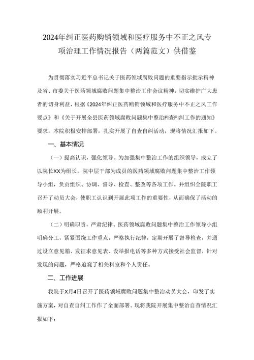 2024年纠正医药购销领域和医疗服务中不正之风专项治理工作情况报告（两篇范文）供借鉴.docx