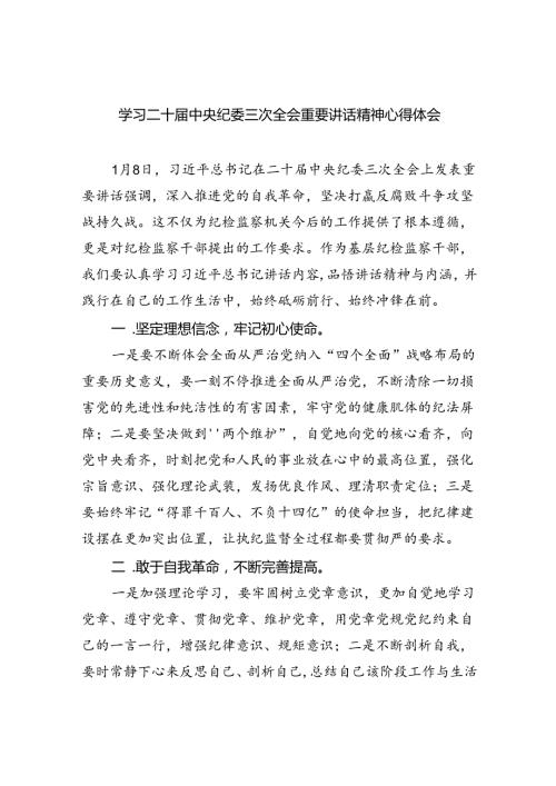 学习二十中央纪委三次全会重要讲话精神心得体会（共五篇）.docx