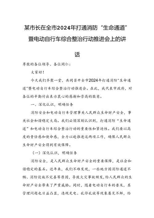 某市长在全市2024年打通消防“生命通道”暨电动自行车综合整治行动推进会上的讲话1.docx