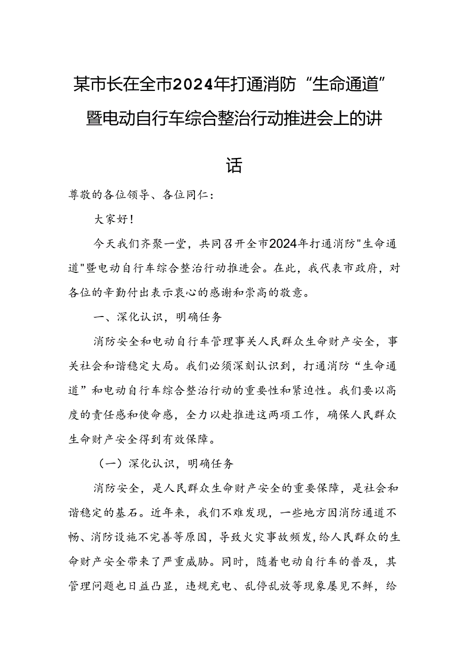 某市长在全市2024年打通消防“生命通道”暨电动自行车综合整治行动推进会上的讲话1.docx_第1页