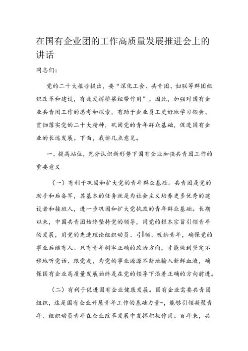 在国有企业团的工作高质量发展推进会上的讲话(1).docx