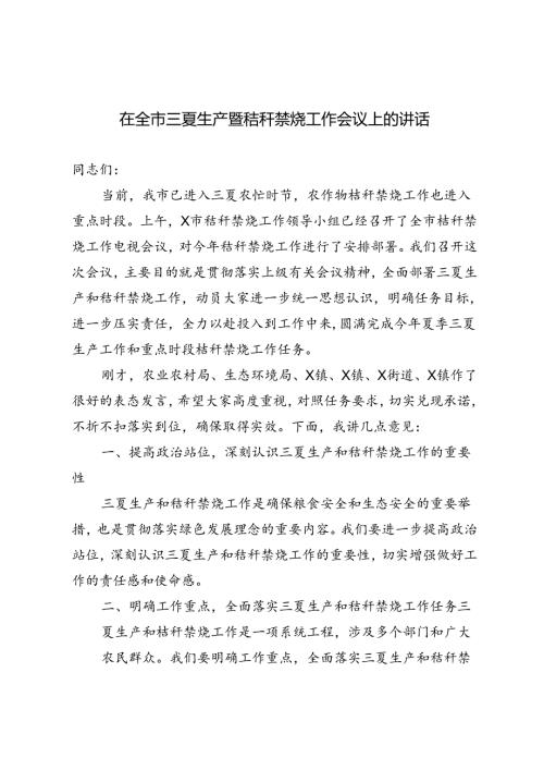 2篇 2024年在全市三夏生产暨秸秆禁烧工作会议上的讲话.docx