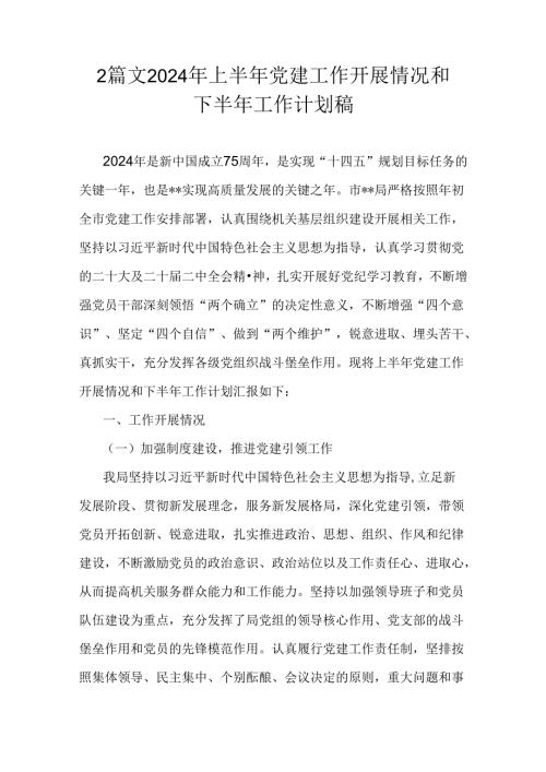 2篇文2024年上半年党建工作开展情况和下半年工作计划稿.docx