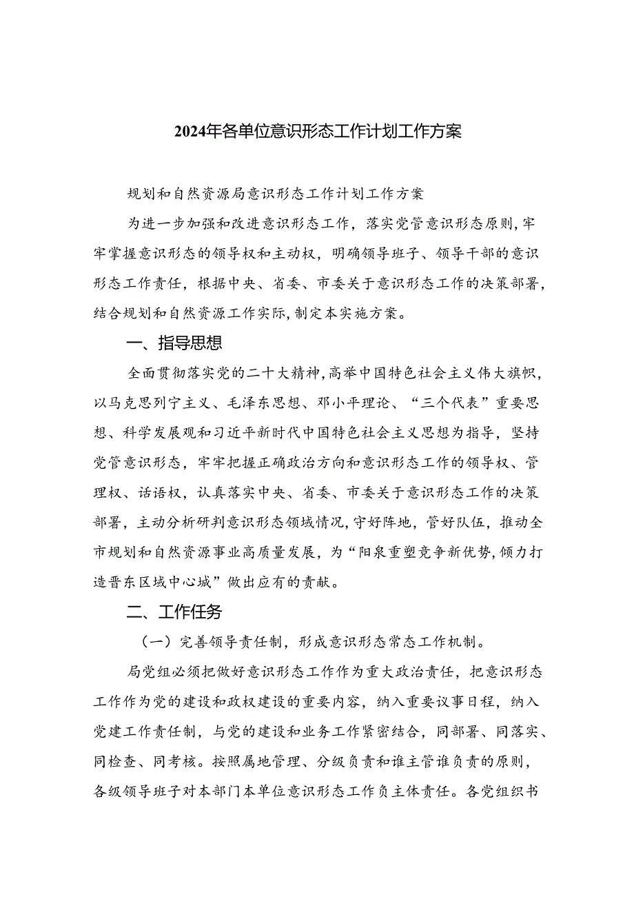 2024年各单位意识形态工作计划工作方案（共五篇）.docx_第1页