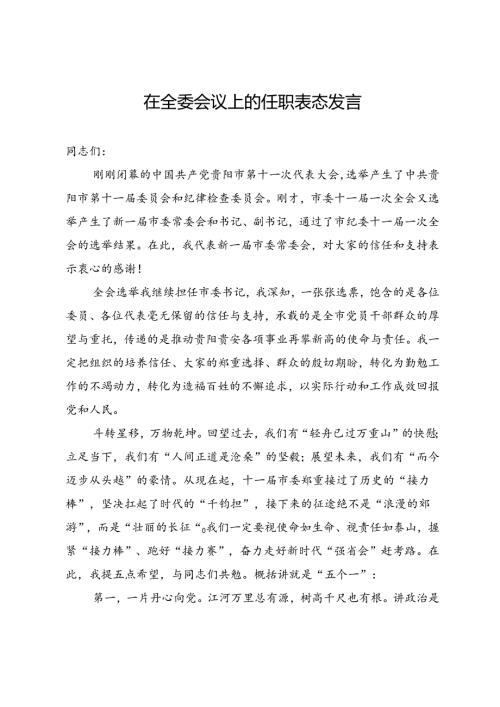 在全委会议上的任职表态发言.docx