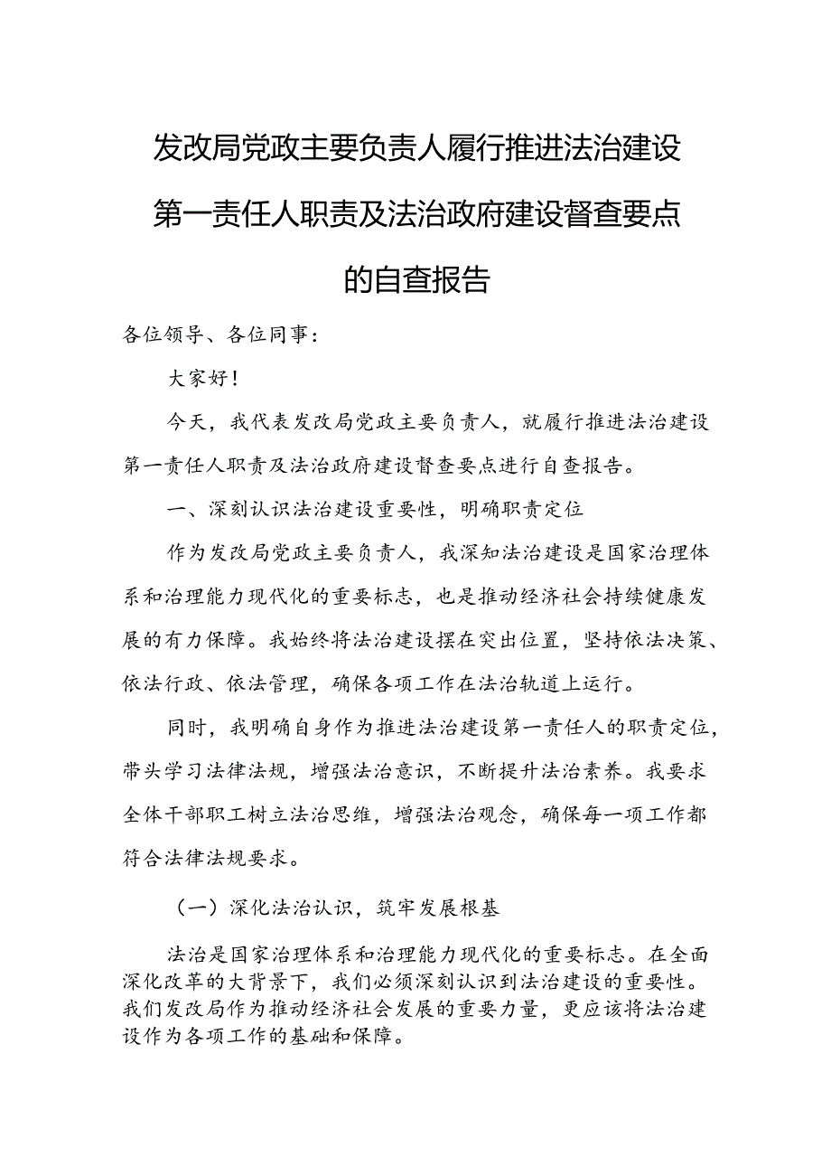 发改局党政主要负责人履行推进法治建设第一责任人职责及法治政府建设督查要点的自查报告.docx_第1页