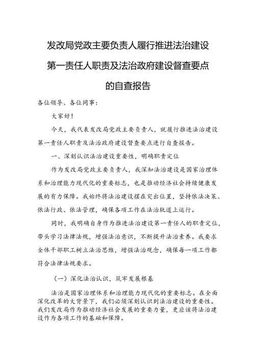 发改局党政主要负责人履行推进法治建设第一责任人职责及法治政府建设督查要点的自查报告.docx