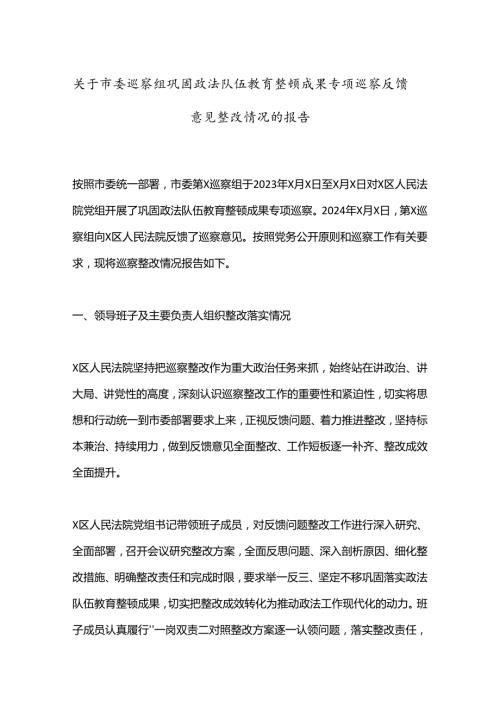 关于市委巡察组巩固政法队伍教育整顿成果专项巡察反馈意见整改情况的报告(1).docx