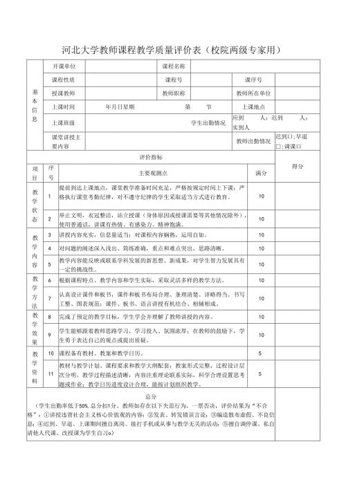 河北大学教师课程教学质量评价表（校院两级专家用）.docx