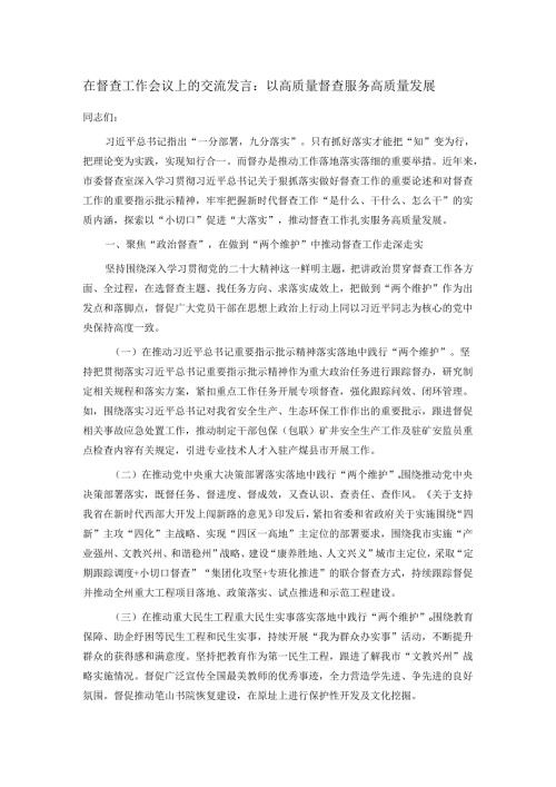 在督查工作会议上的交流发言：以高质量督查服务高质量发展.docx