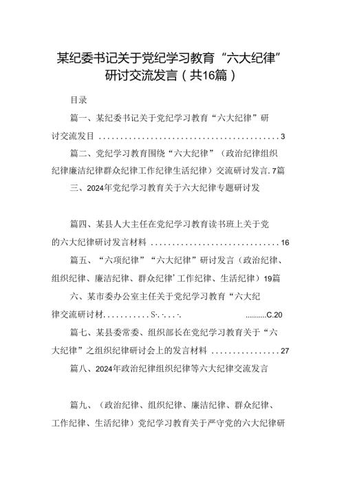 （16篇）某纪委书记关于党纪学习教育“六大纪律”研讨交流发言（精选）.docx