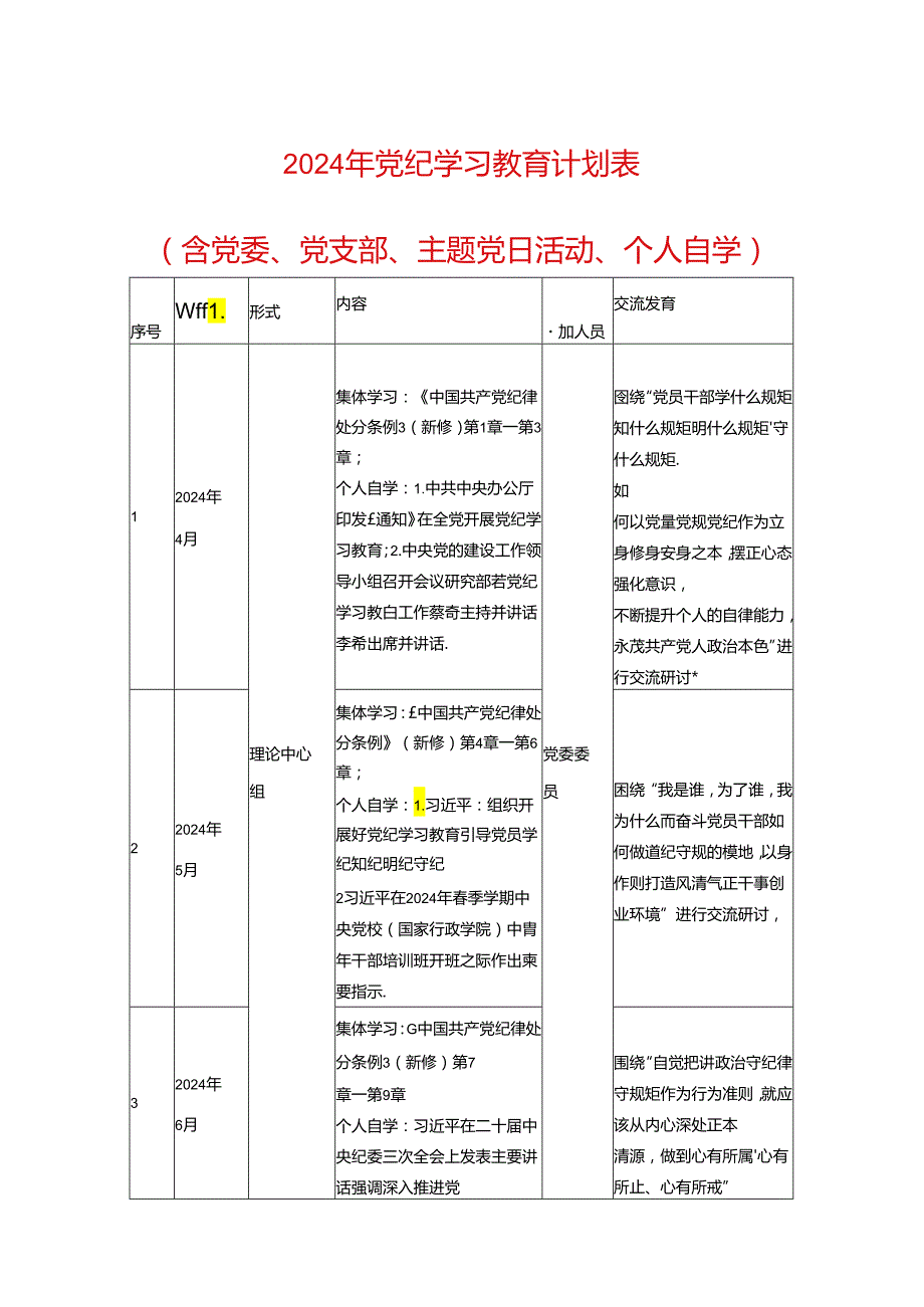 2024年党纪学习教育计划表（精选2篇）.docx_第1页