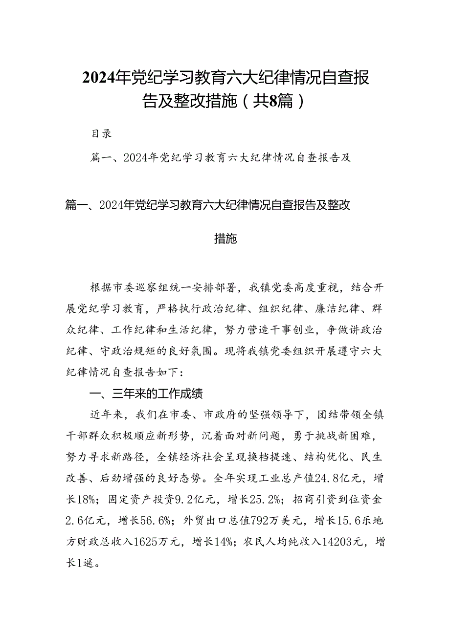 2024年党纪学习教育六大纪律情况自查报告及整改措施8篇（精选版）.docx_第1页