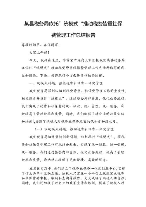 某县税务局依托”统模式“推动税费皆重社保费管理工作总结报告.docx