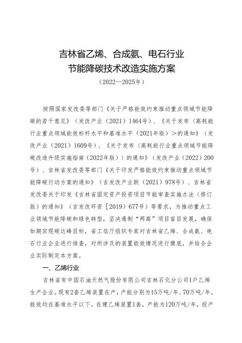 【政策】吉林省乙烯、合成氨、电石行业节能降碳技术改造实施方案（20222025年）.docx