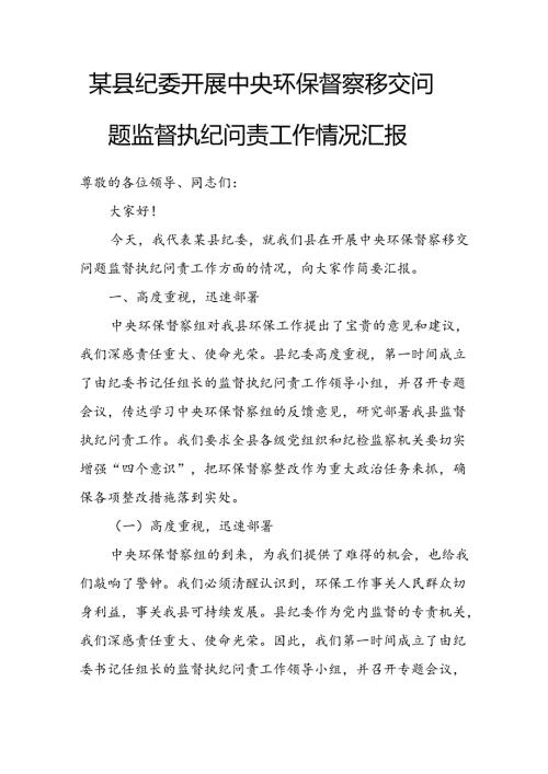 某县纪委开展中央环保督察移交问题监督执纪问责工作情况汇报.docx