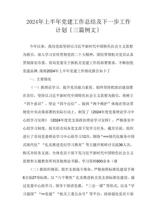 2024年上半年党建工作总结及下一步工作计划｛三篇例文｝.docx