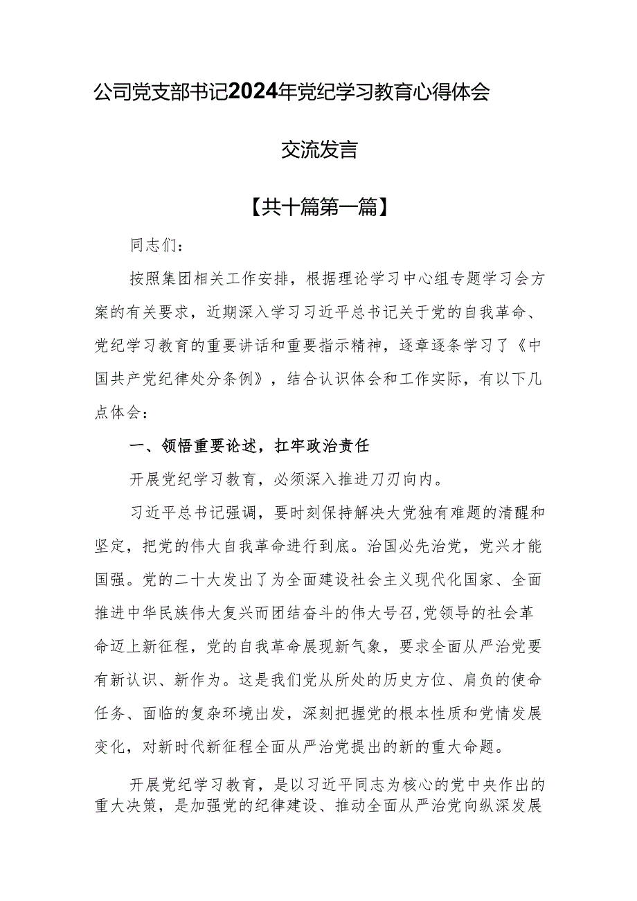 （10篇）公司党支部书记2024年党纪学习教育心得体会交流发言.docx_第1页