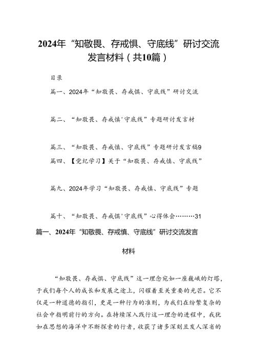 2024年“知敬畏、存戒惧、守底线”研讨交流发言材料10篇（最新版）.docx