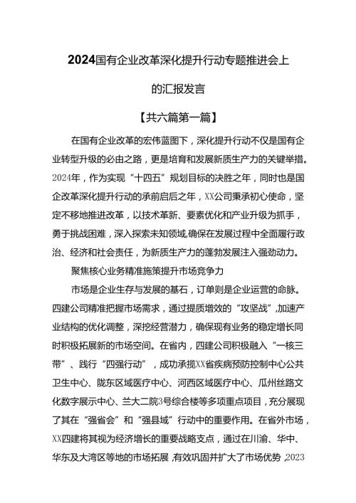 （6篇）2024国有企业改革深化提升行动专题推进会上的汇报发言.docx
