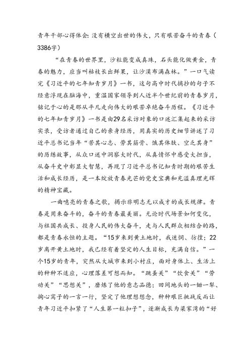 青年干部心得体会：没有横空出世的伟大只有艰苦奋斗的青（3386字）.docx